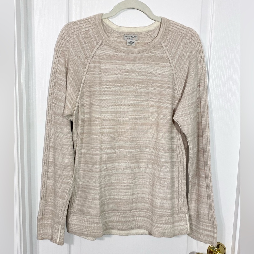 Y2K Guess Cotton Wool Crewneck Raglan Sweater Tan White Men’s Medium